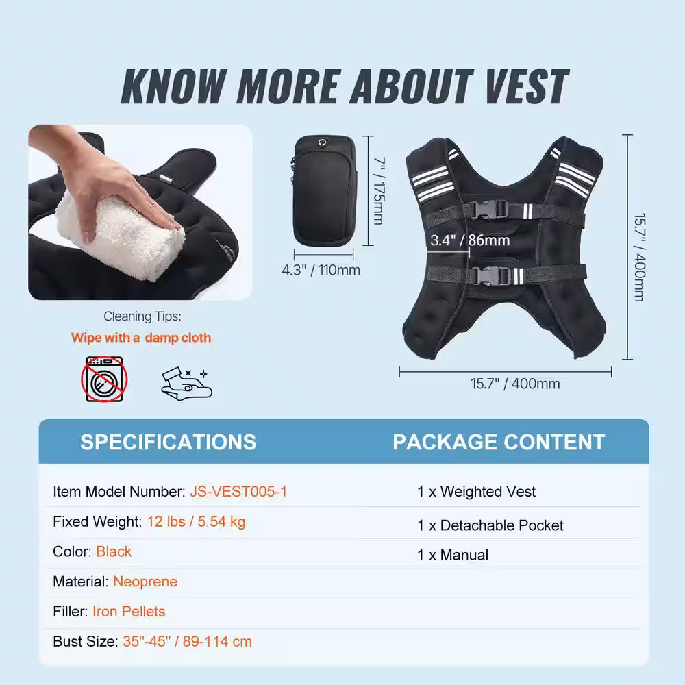 Weighted Vest, Workout Equipment, 12 Lbs. Weight Vest with Reflective Stripe, Adjustable Buckle Body Weight Vest