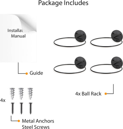 Sporta Ball Storage Rack Wall Mounted Set of 4, Soccer Ball, Volleyball and Basketball Rack, Metal