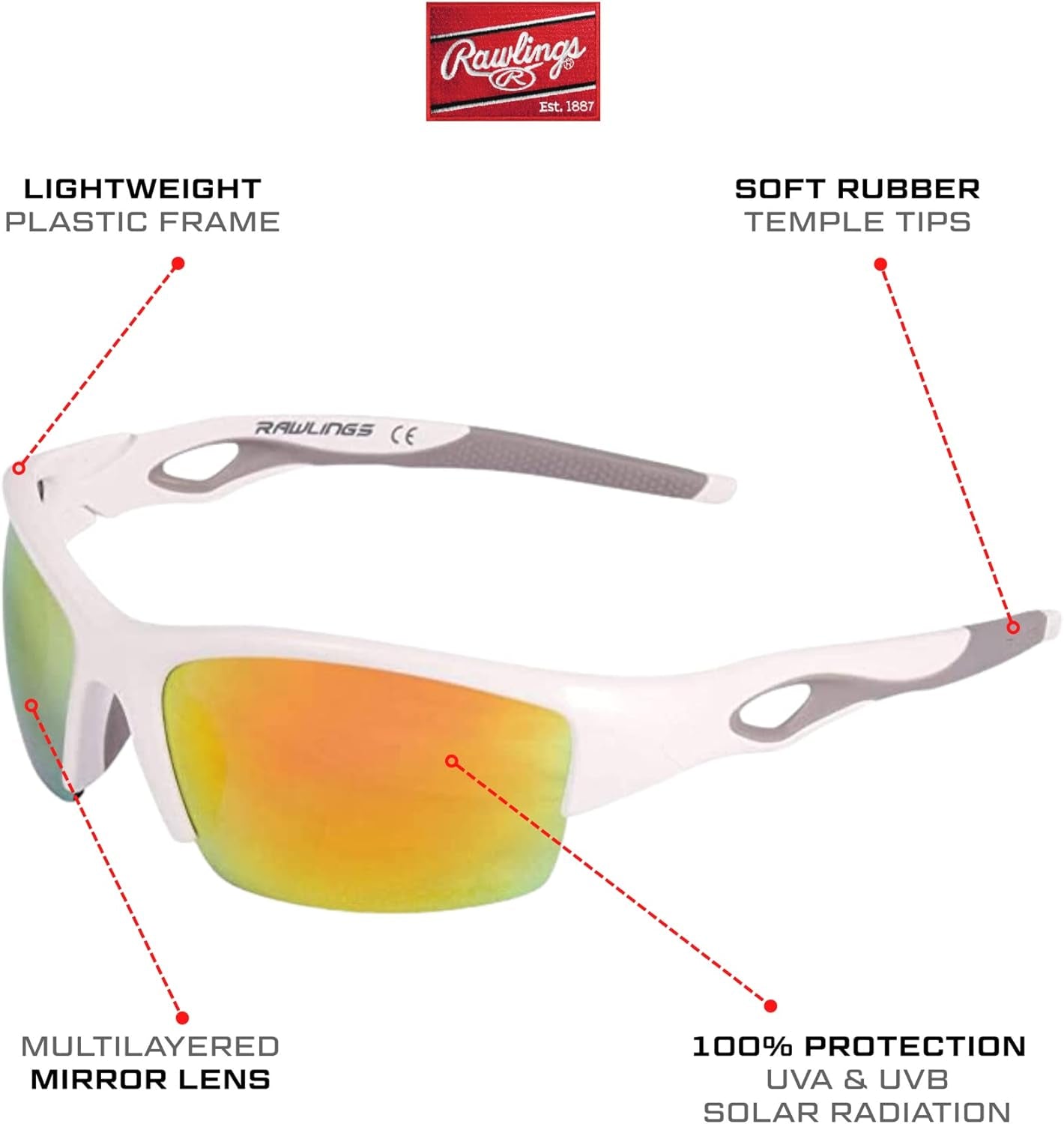 Youth Sport Baseball Sunglasses, Lightweight Stylish Shield Lens, 100% UV Poly Lens, Secure Fit, Superior Clarity - White/Orange