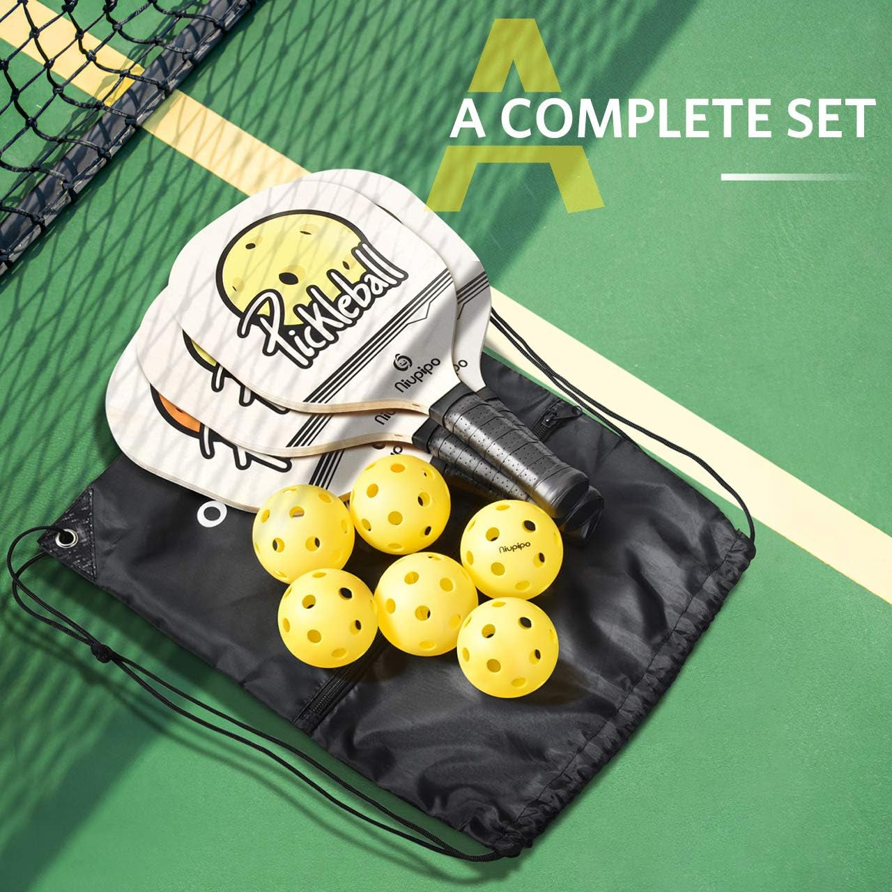 Pickleball Paddles, Pickleball Set with Balls and 1 Carry Bag, 7-Ply Basswood Wood Pickleball Paddles, Pickleball Rackets with Ergonomic Cushion Grip, Wooden Pickleball Paddle for Beginner