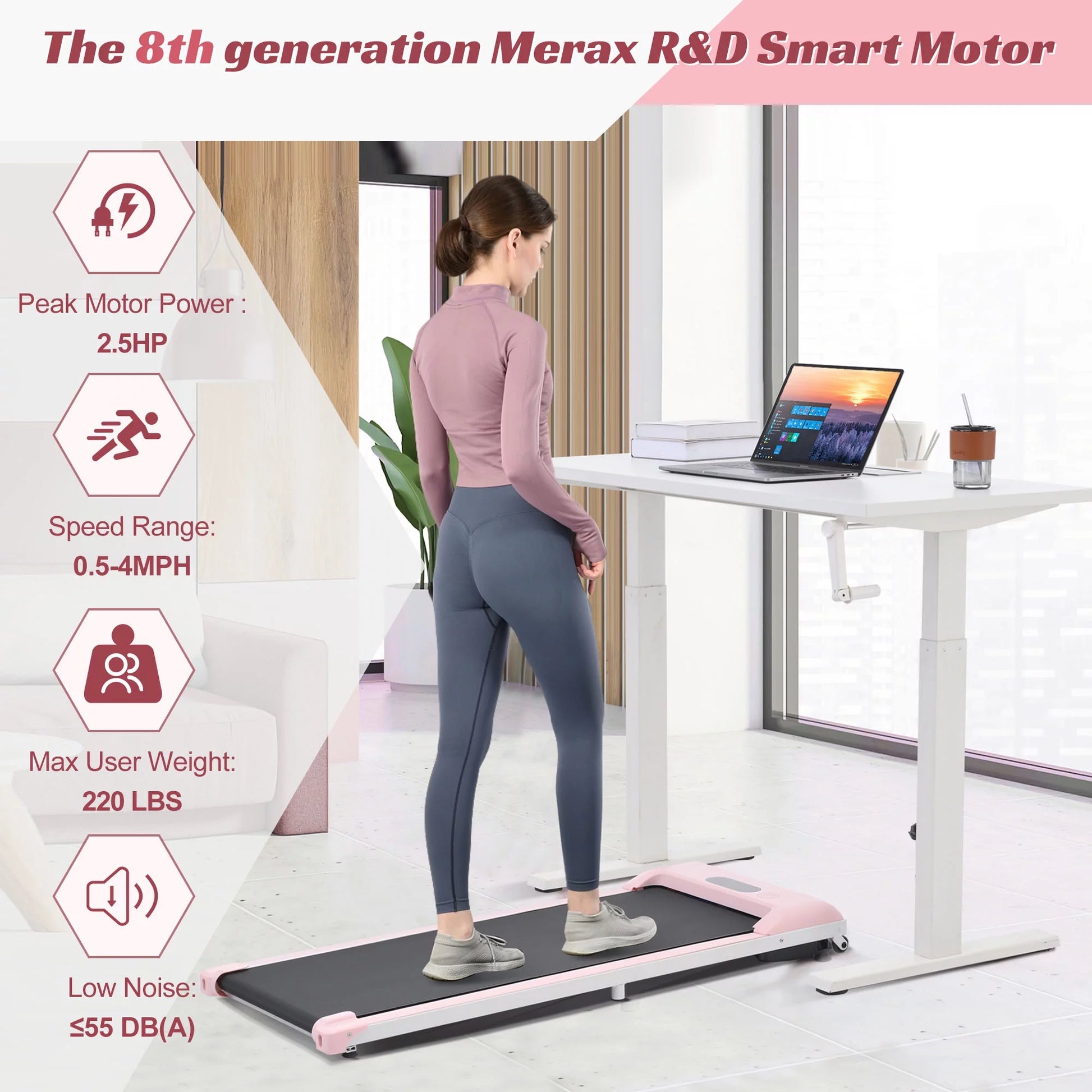 under Desk Treadmill 2.5HP Portable Walking Pad Desk Treadmill with Walkstation Remote Control, Walking Jogging Running Machine, LED Display for Home Gym Office,Pink